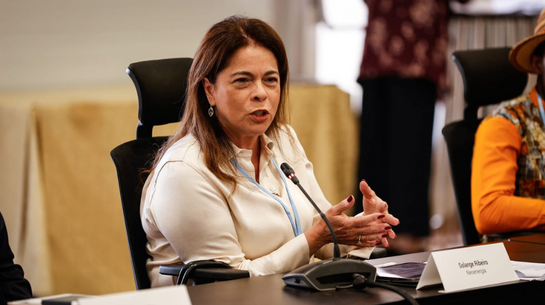 Foto da executiva Solange Ribeiro falando durante painel na COP 27