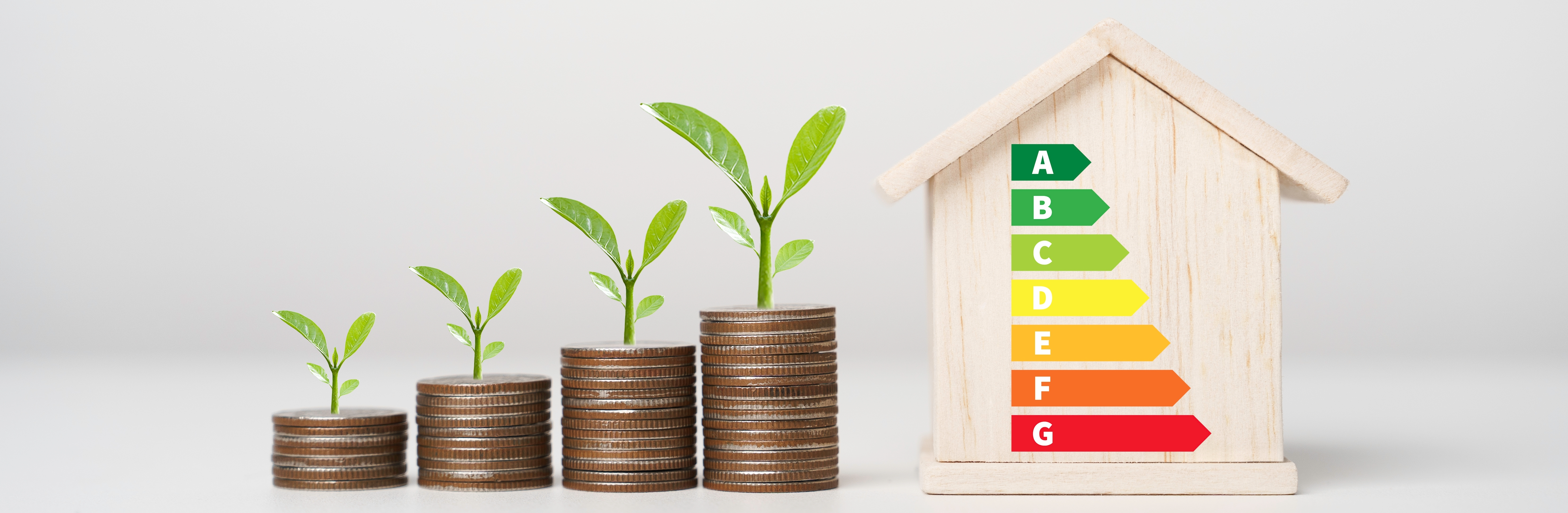 Gráfico de moedas referindo a sustentabilidade e casa com gráfico com selo graduado de A à G de eficiência energética